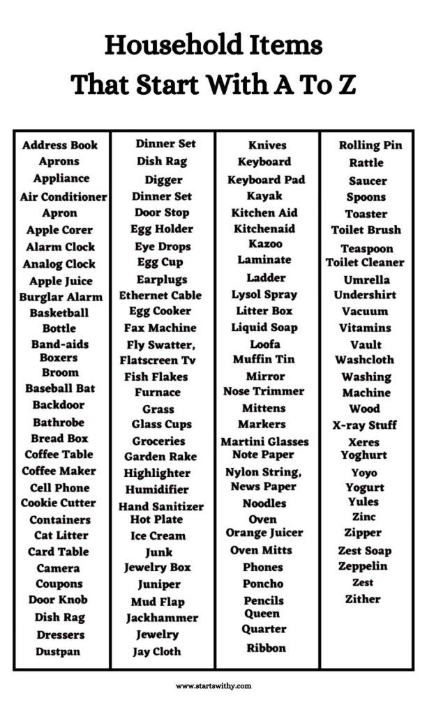 Household Items That Start with A to Z