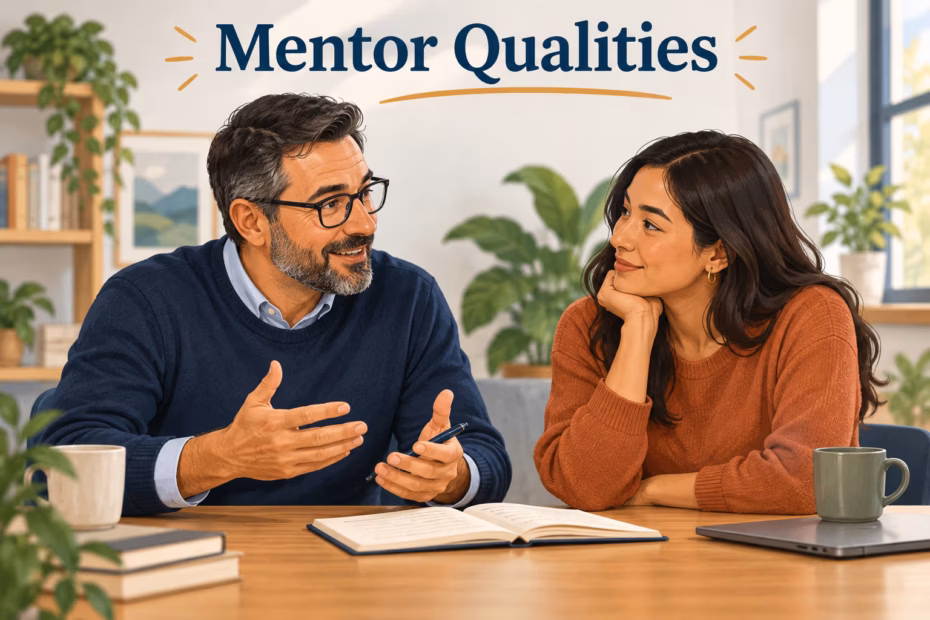 Mentor and mentee talk together over a notebook