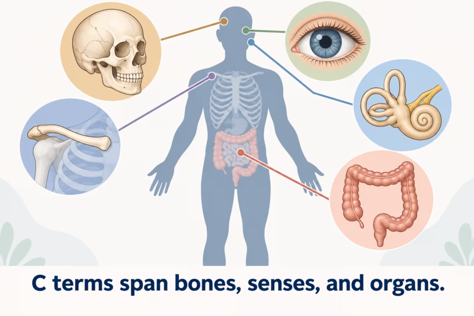 Anatomy diagram groups a skull, eye, inner ear, collarbone, and large intestine to show the range of C terms.