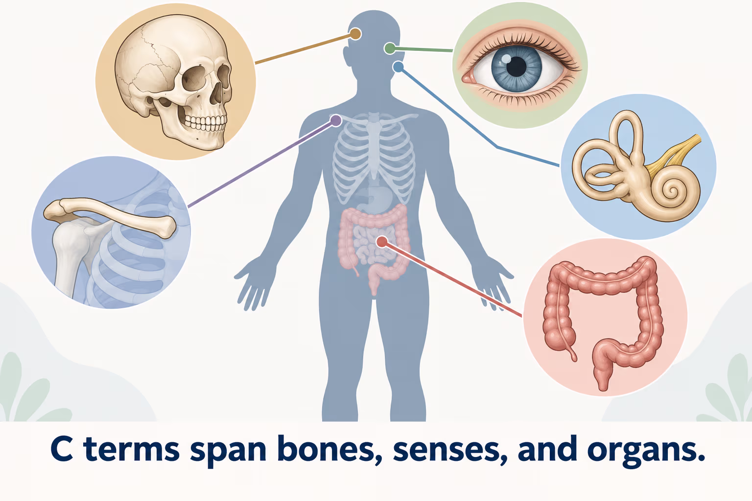 Anatomy diagram groups a skull, eye, inner ear, collarbone, and large intestine to show the range of C terms.