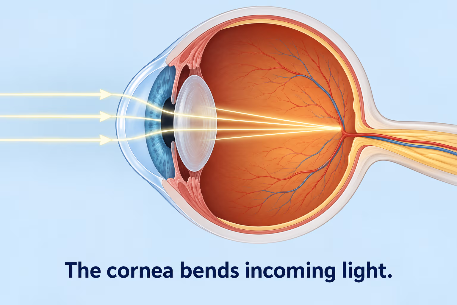 Eye cutaway shows light bending as it passes through the cornea toward the retina.
