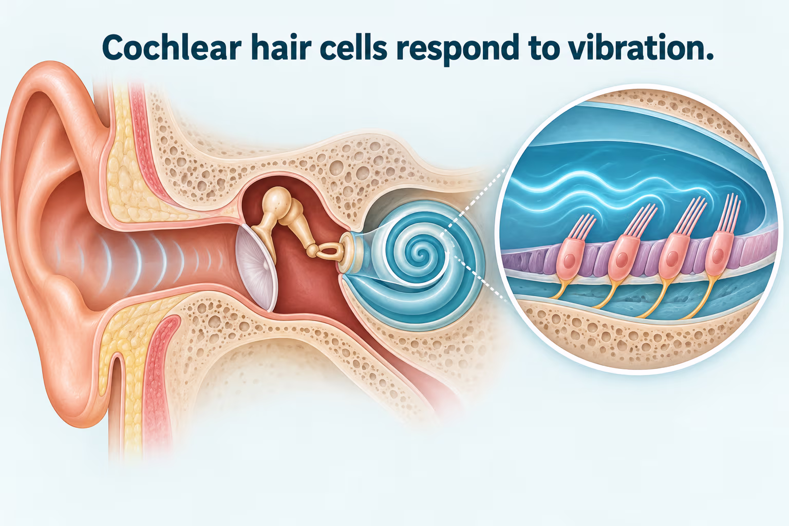 Ear and cochlea cutaway shows sensory hair cells along a vibrating inner-ear structure.