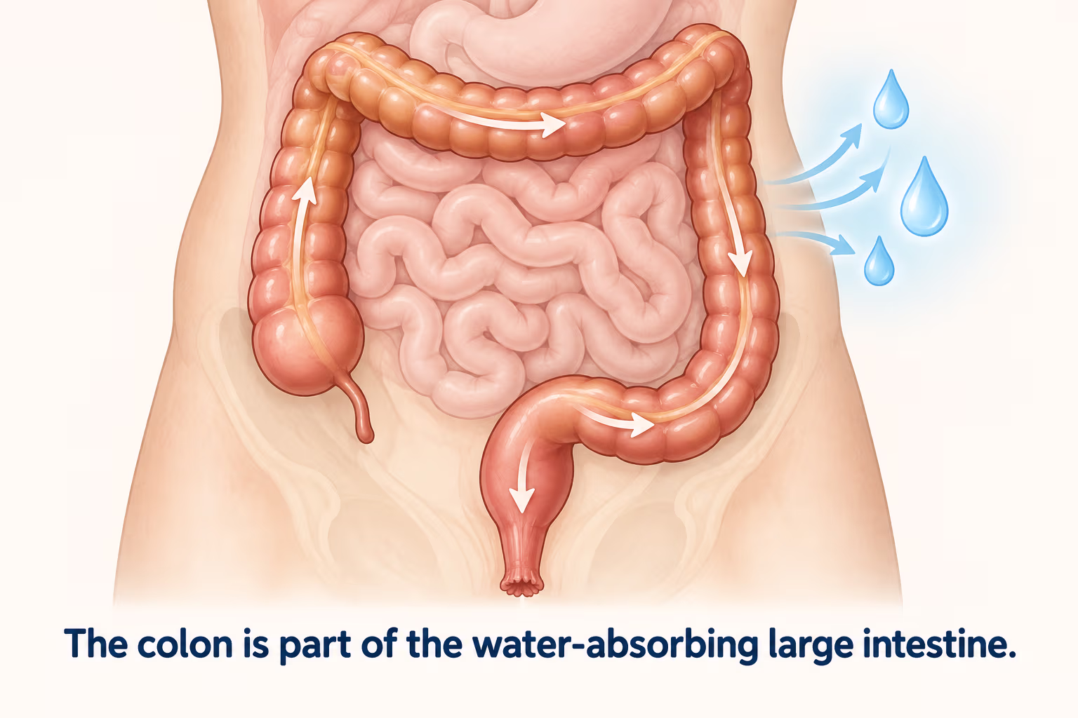 Large intestine diagram shows the colon path around the small intestine with water-drop symbols.