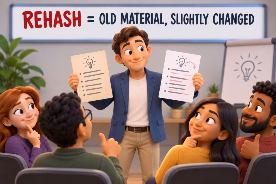 A clear visual summary of rehashing old material in a lightly changed form.