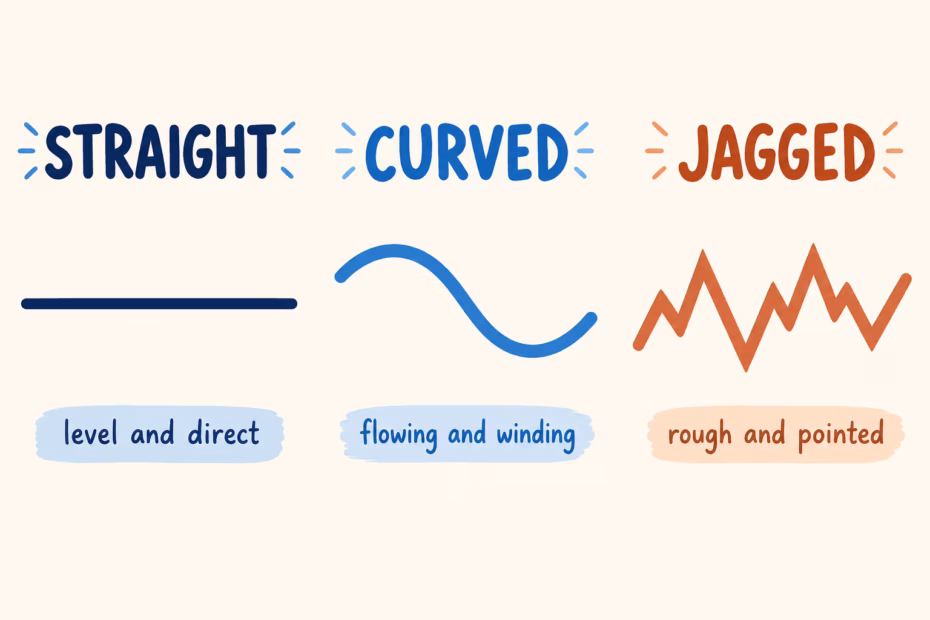 Straight, curved, and jagged line examples labeled with matching shape words.