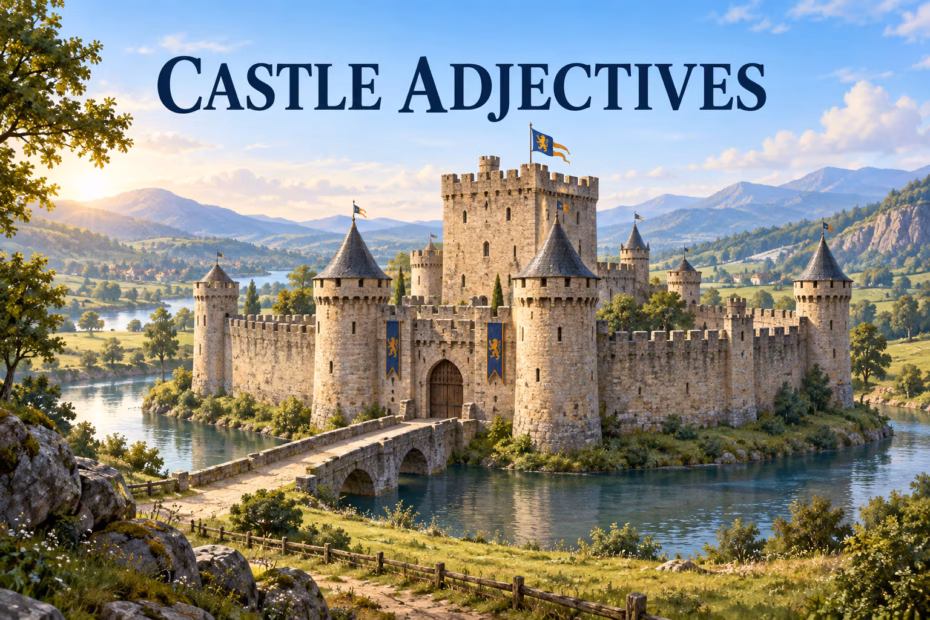 Medieval stone castle with curtain walls, towers, bridge, and surrounding landscape beneath the heading “Castle Adjectives.”