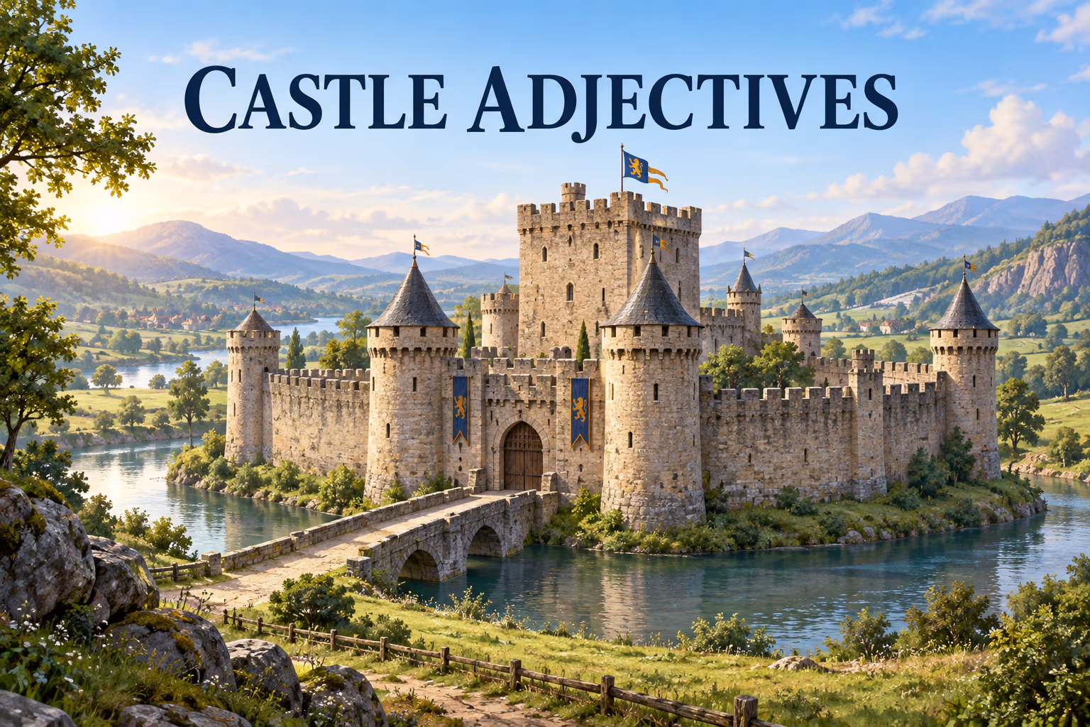 Illustrated medieval stone castle with curtain walls, towers, keep, bridge, and surrounding landscape beneath the headline Castle Adjectives.
