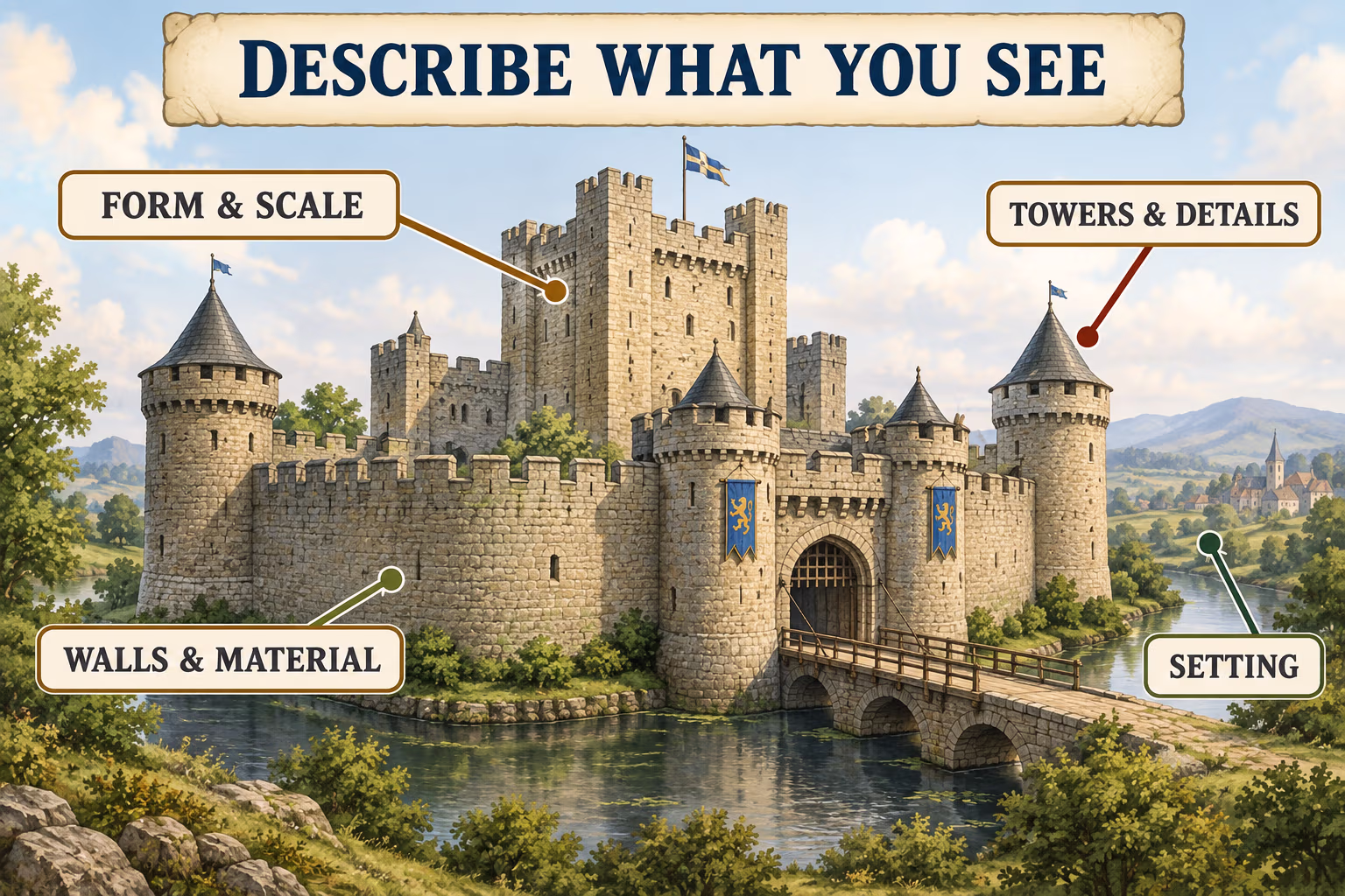Illustrated stone castle with callouts for form and scale, walls and material, towers and details, and setting.