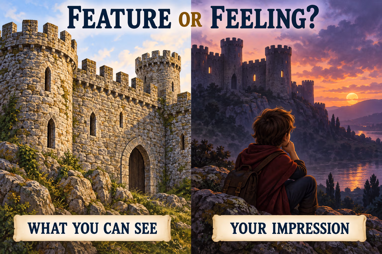 Split illustration contrasts visible castle features—weathered masonry, arched openings, and crenellations—with a viewer’s twilight impression.
