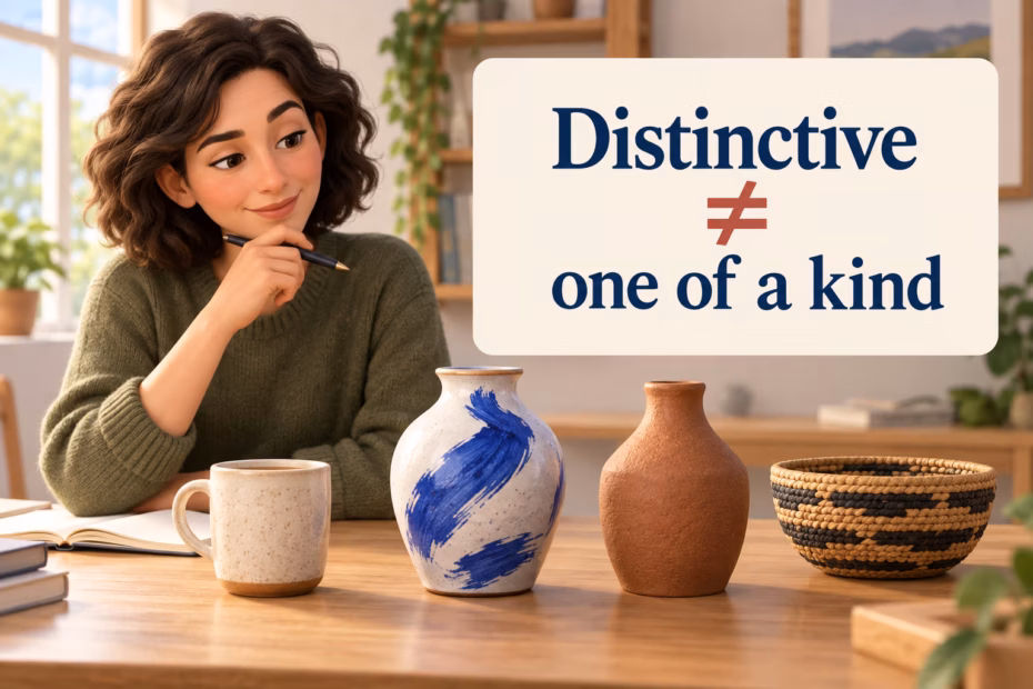 A writer compares handmade objects, including a vase with a recognizable blue brushstroke; distinctive features do not prove an item is one of a kind.