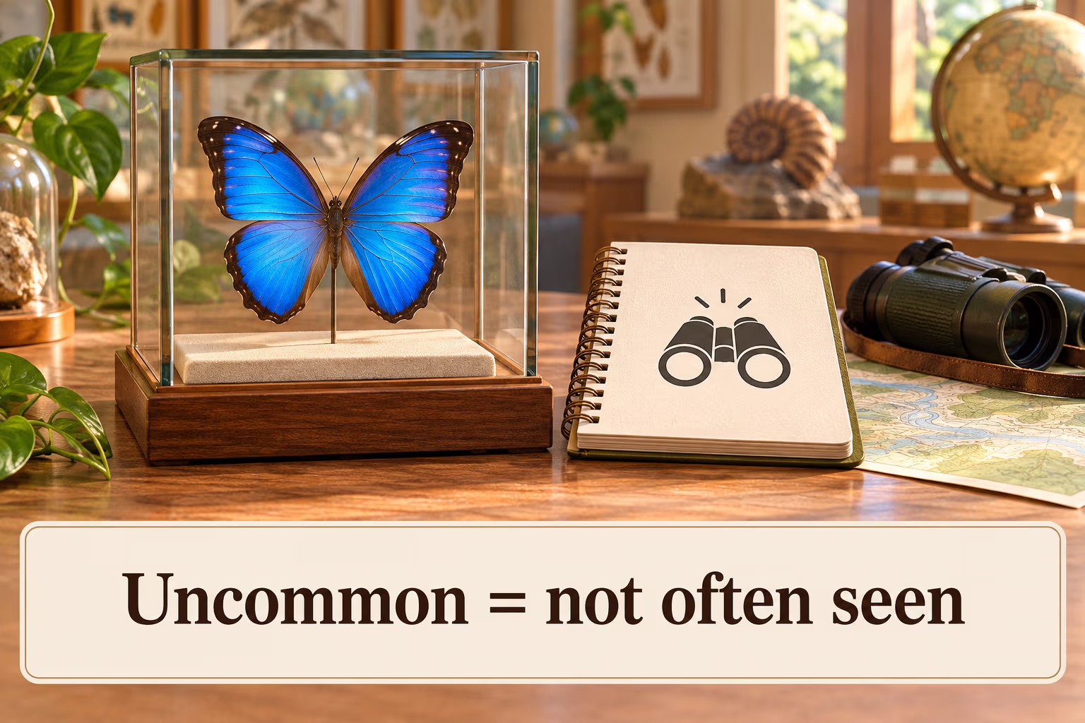 A blue butterfly specimen in a natural history display with binoculars and field notes; uncommon means not seen often.