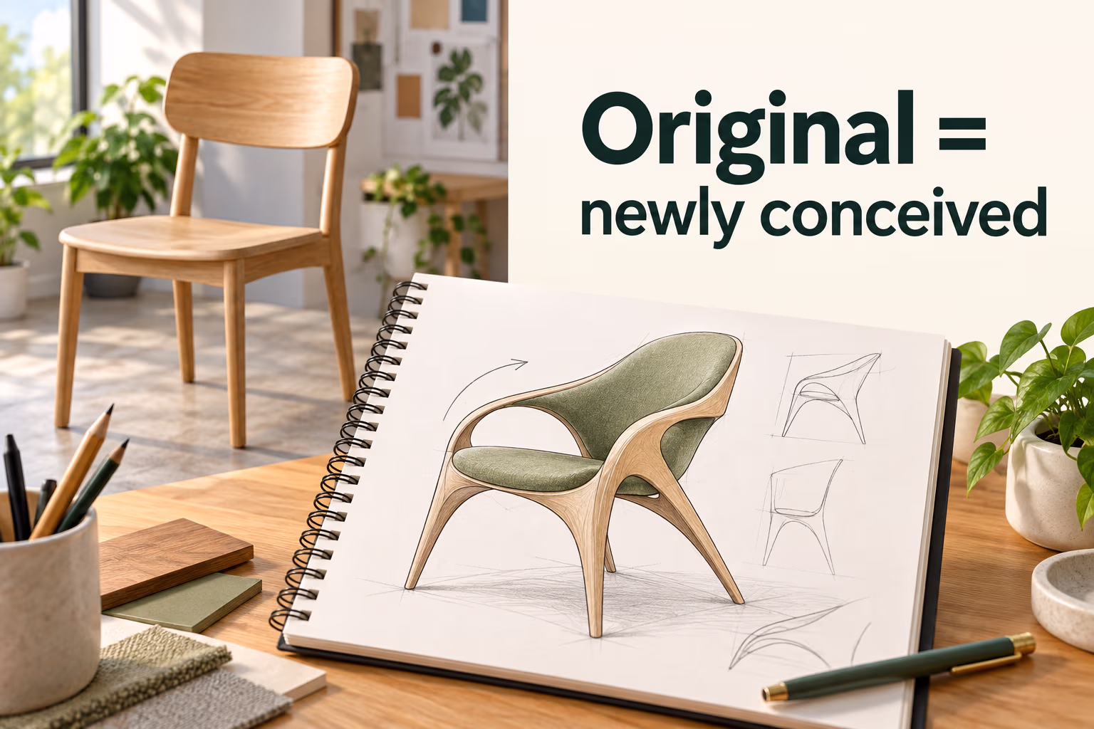 A designer sketches a newly conceived chair beside a familiar reference chair; original means newly conceived or not copied.