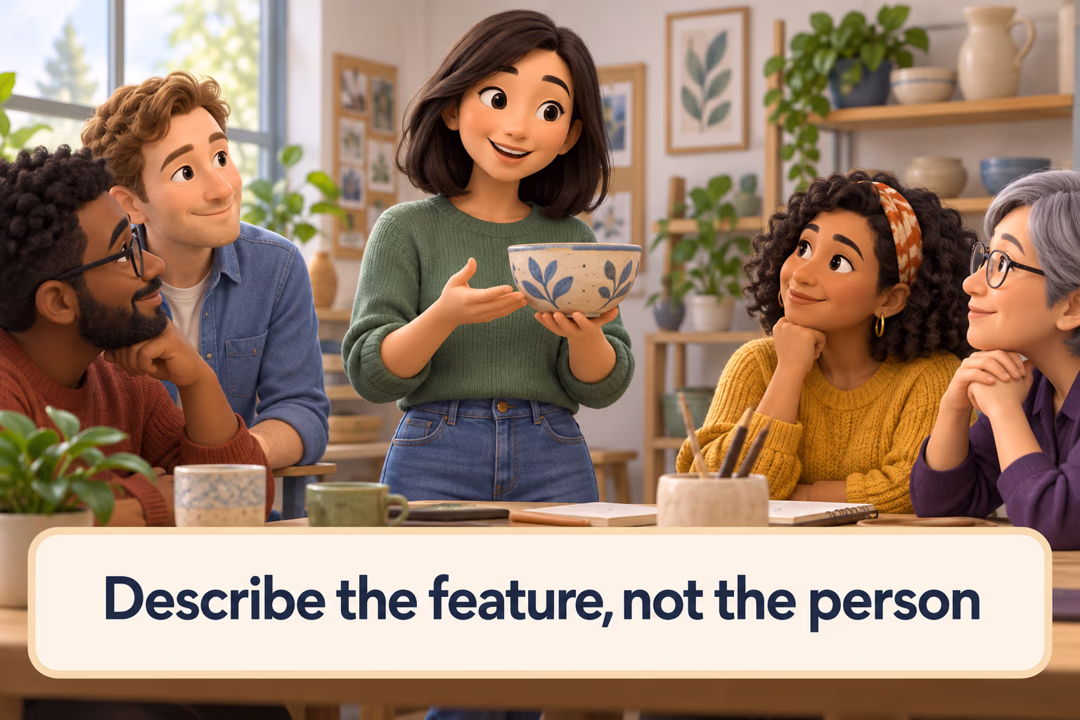 A person shares a handmade bowl with a small group; the scene models describing a specific feature without ranking the person.