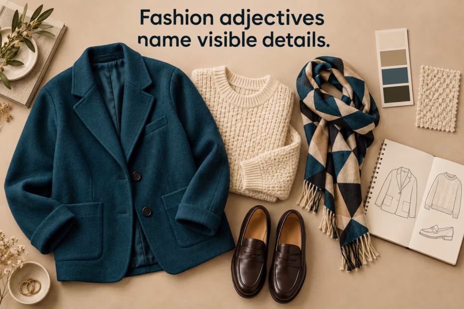 A teal jacket, textured knit, patterned scarf, and shoes illustrate observable details used in fashion descriptions.