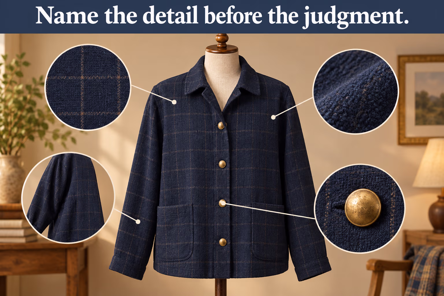 A navy checked jacket with visible texture, relaxed cut, and buttons shows how to describe individual clothing details.
