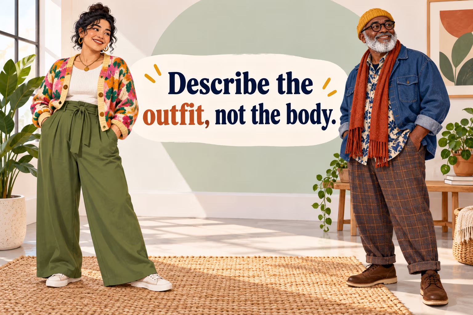 Two adults with different personal styles illustrate focusing fashion descriptions on the outfits rather than bodies.