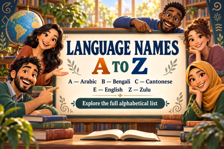 Illustrated A to Z language names with Arabic, Bengali, Cantonese, English and Zulu.