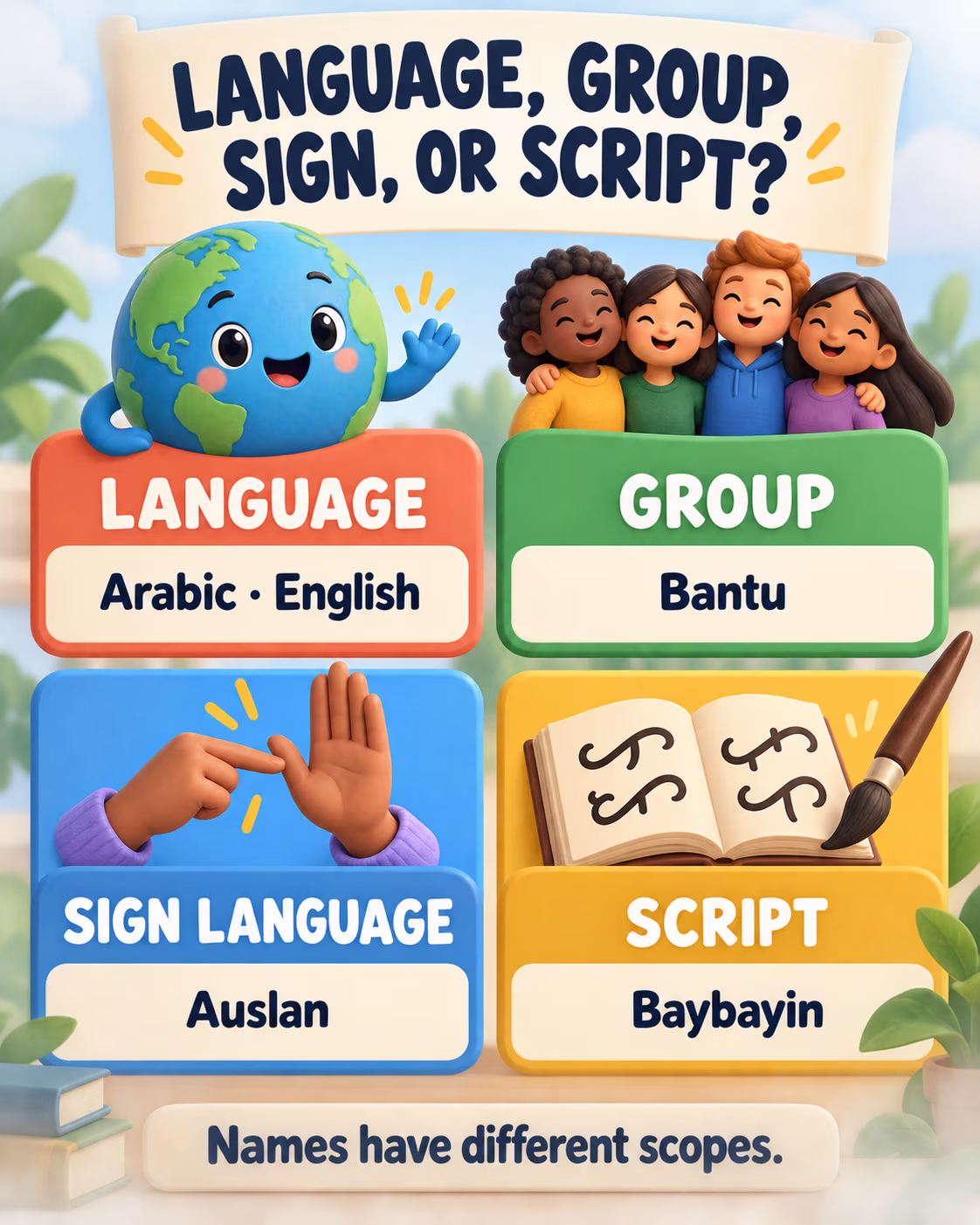 Infographic distinguishing individual languages, a language group, a sign language and a writing system.