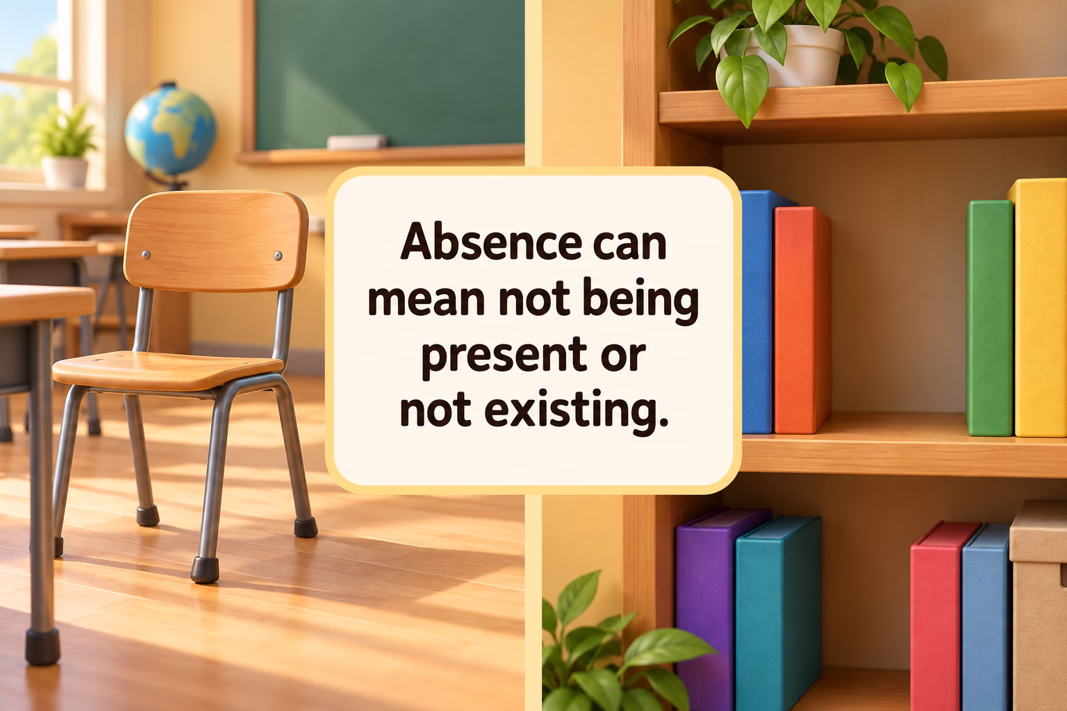 An empty classroom chair beside a shelf with an empty space between books.