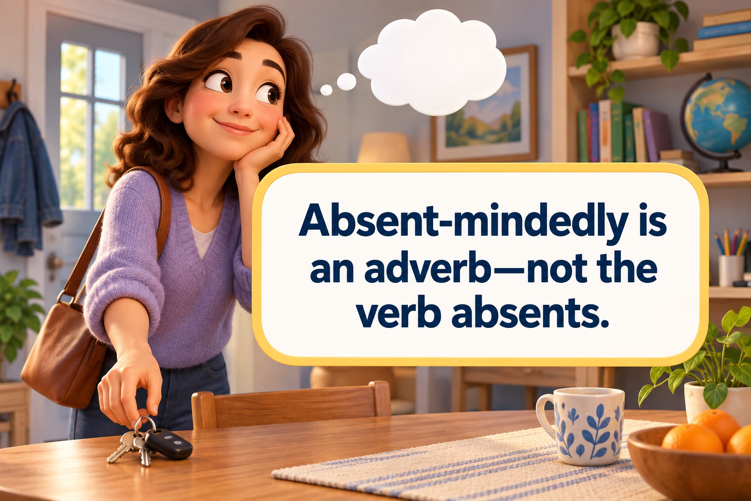 A distracted person sets keys on a table while looking away.