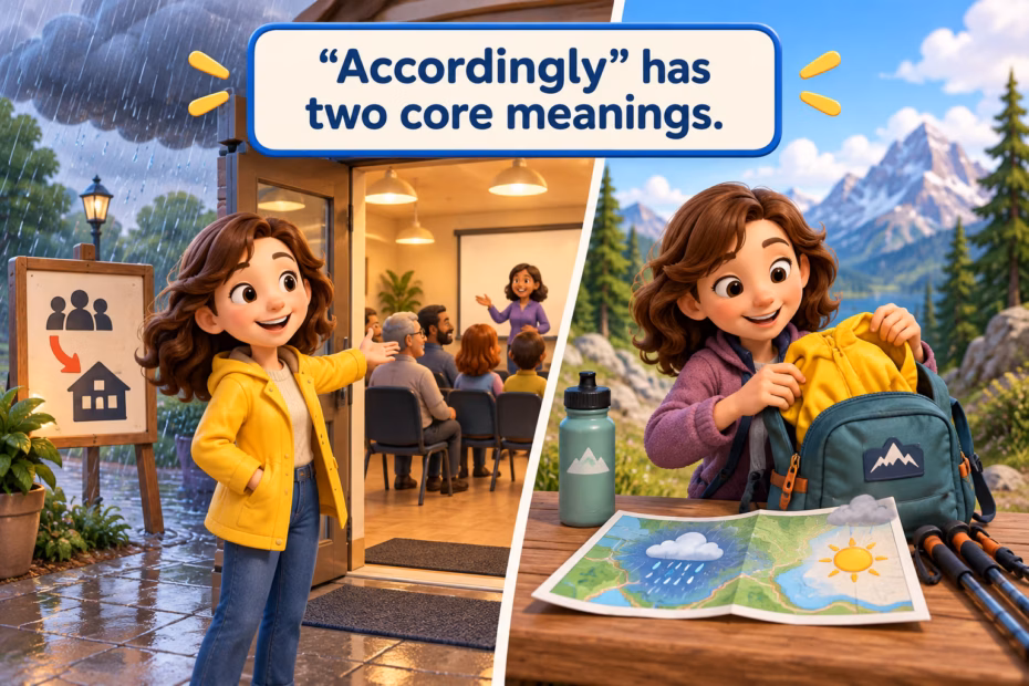 Split-scene illustration showing a meeting moved indoors and a hiker packing for weather. “Accordingly” has two core meanings.