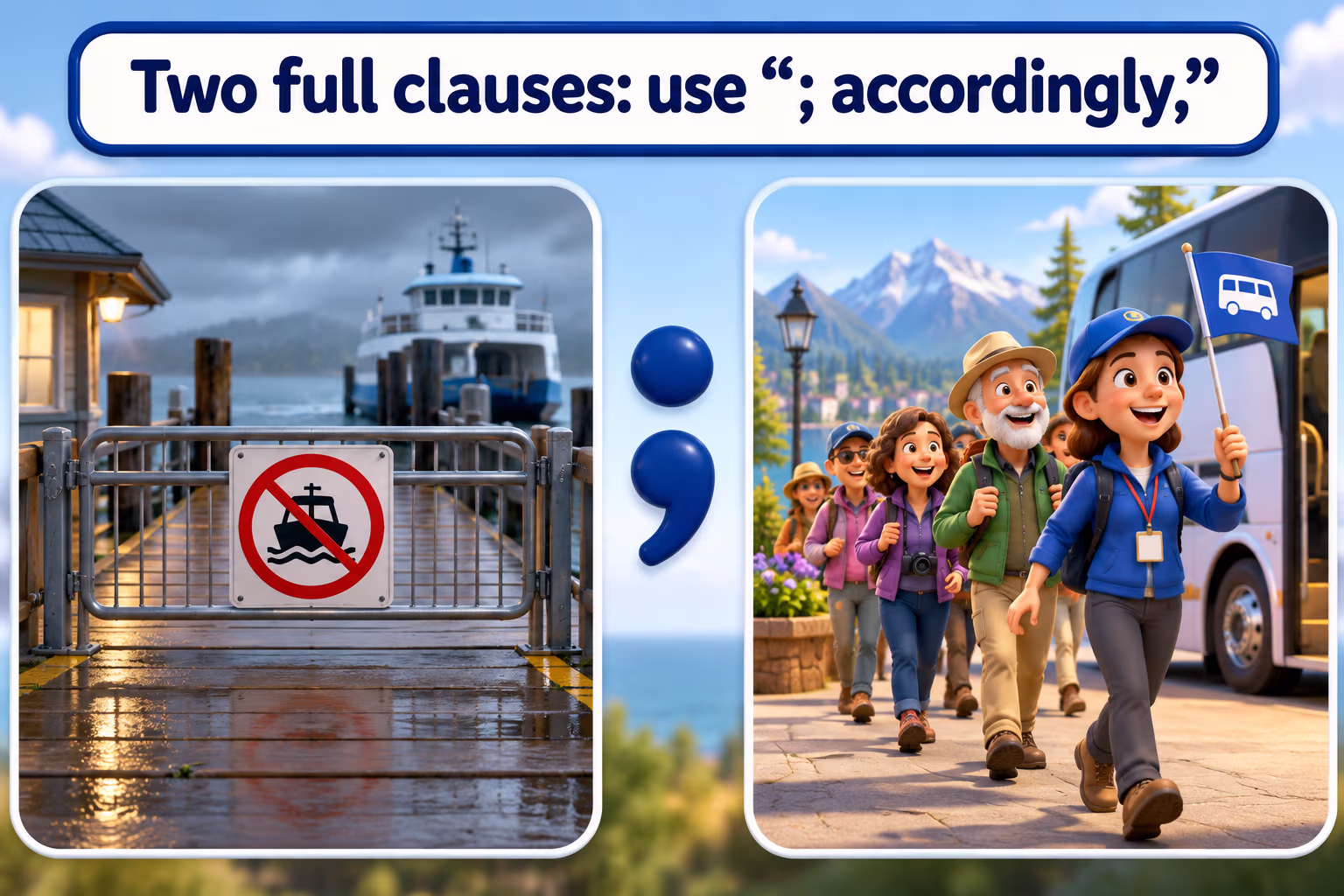 A ferry closes and a tour moves, illustrating clause punctuation. Two full clauses: use “; accordingly,”
