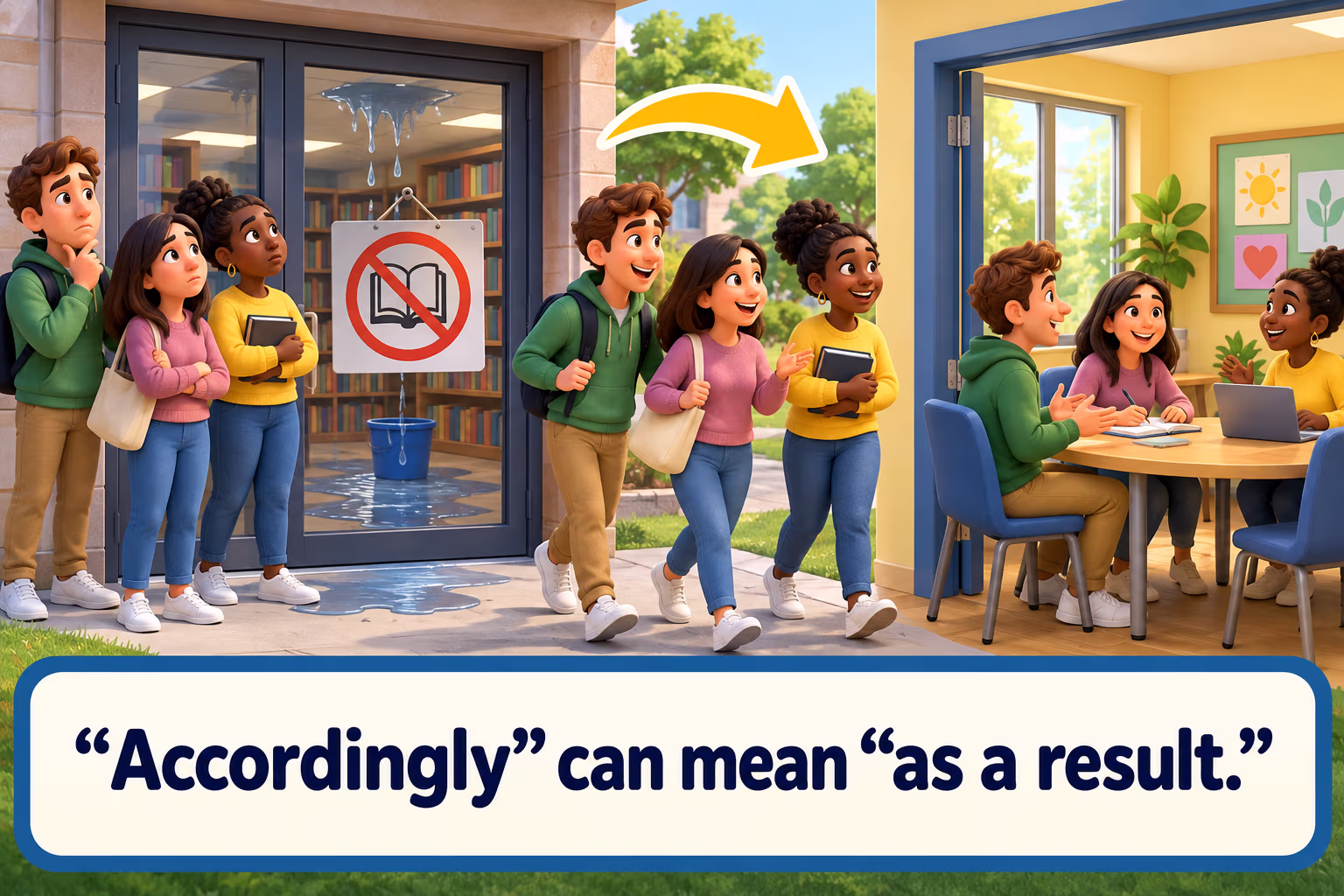 A group moves its meeting after a library leak closes the building. “Accordingly” can mean “as a result.”