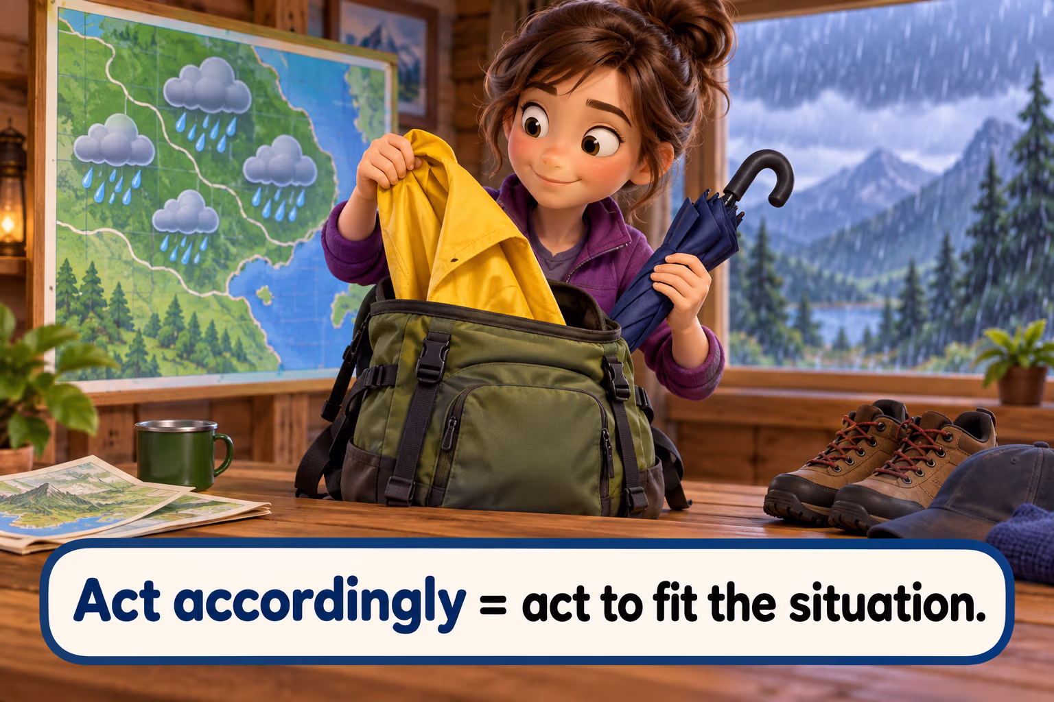 A hiker checks a rainy forecast and packs a raincoat. Act accordingly = act to fit the situation.