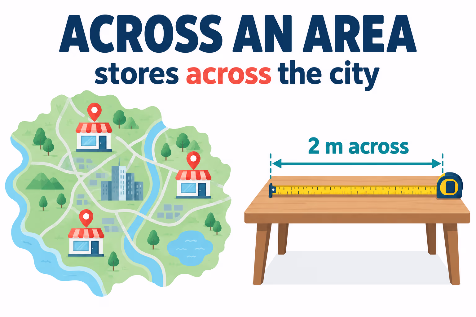 Map with stores spread across a city beside a tape measure spanning a table to show width across.