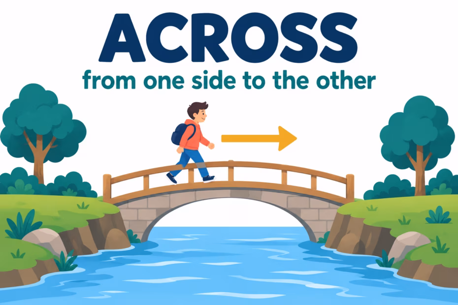 Illustration of a person walking across a bridge from one side of a river to the other, showing the meaning of across.