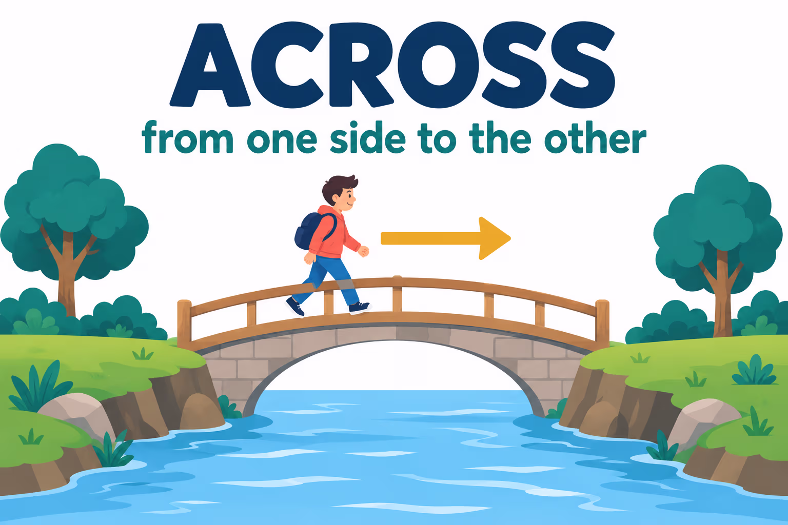 Illustration of a person walking across a bridge from one side of a river to the other, showing the meaning of across.