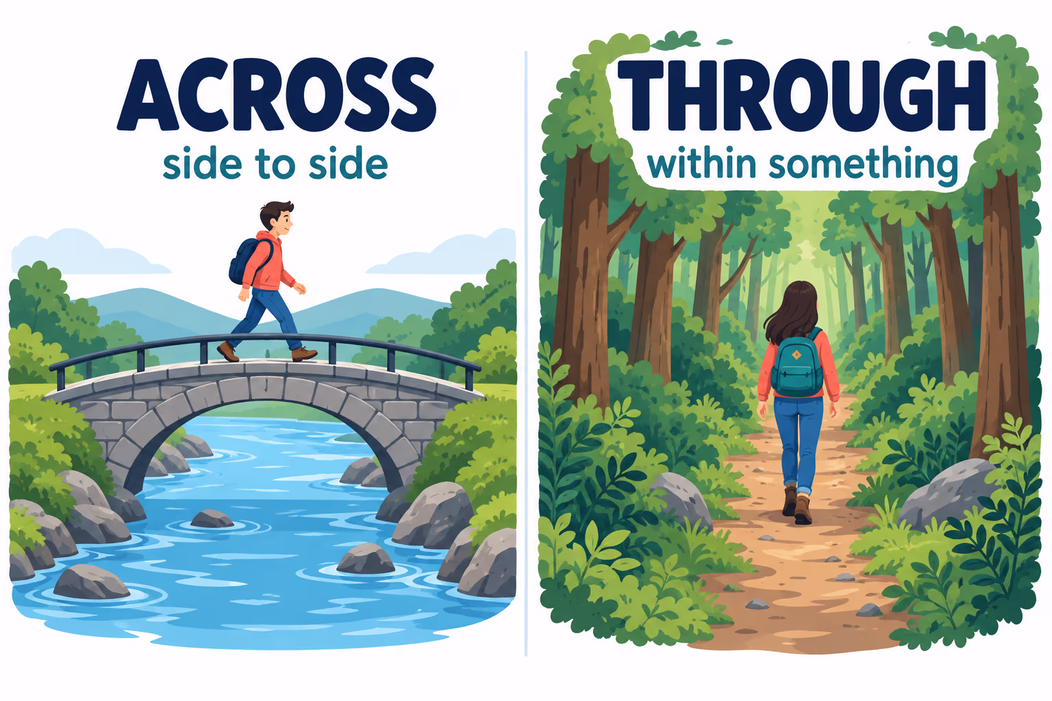 Comparison showing across as side-to-side movement over a bridge and through as movement within a forest.