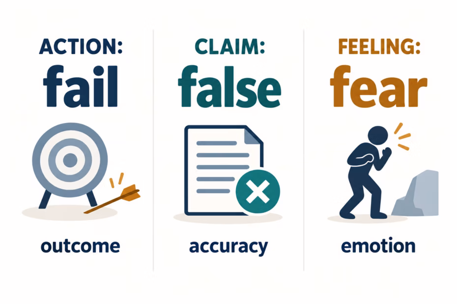 Three vocabulary categories: fail as an outcome, false as an accuracy claim, and fear as an emotion
