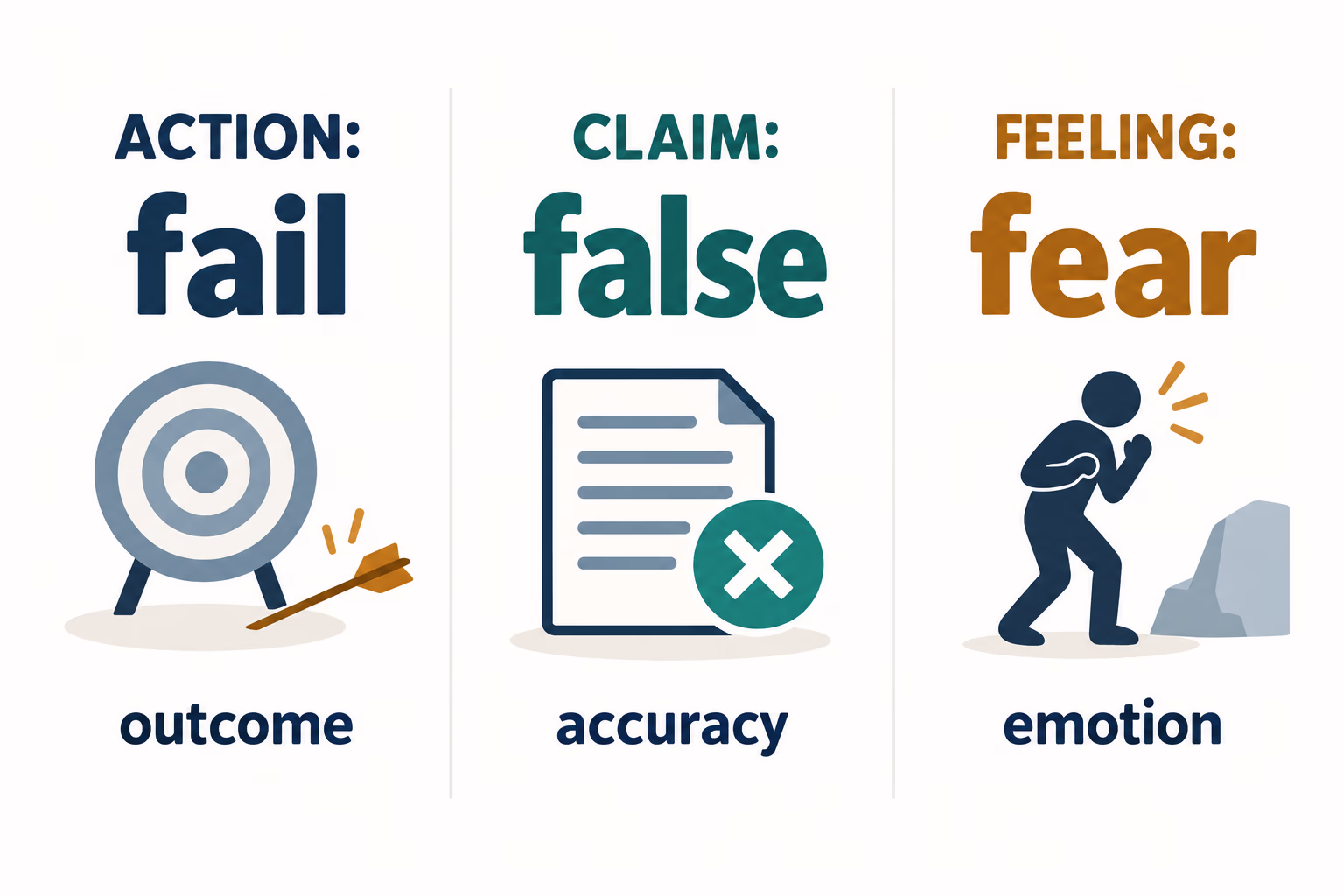 Three vocabulary categories: fail as an outcome, false as an accuracy claim, and fear as an emotion