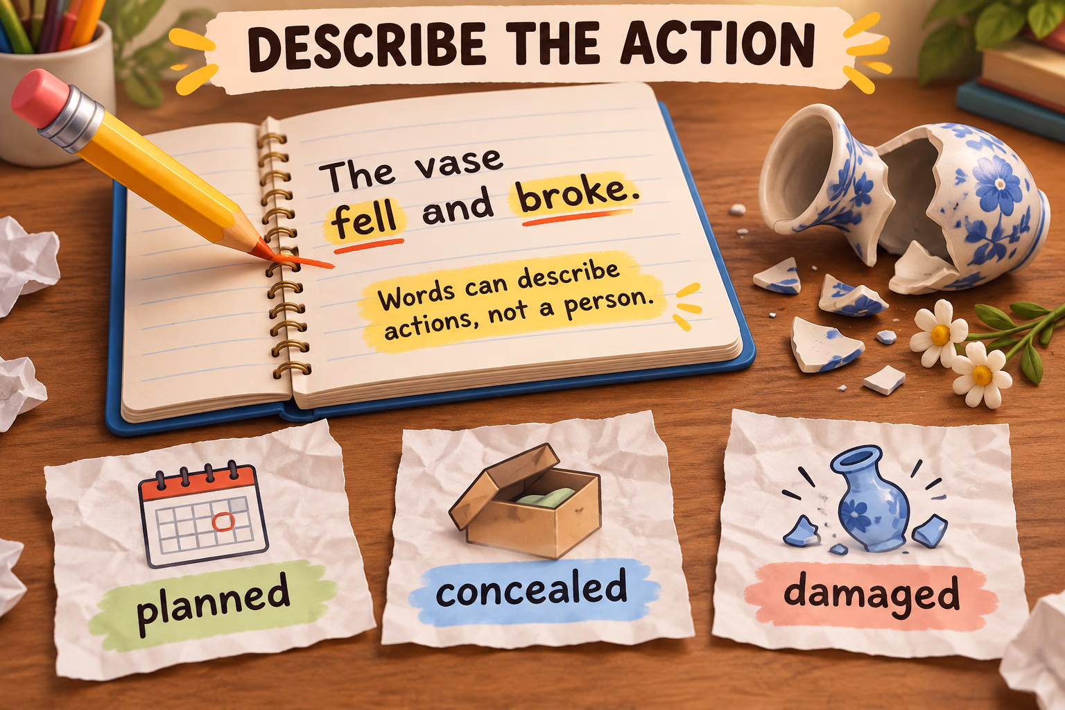 Animated writing example about a broken vase shows that adjectives can describe actions rather than label a person.