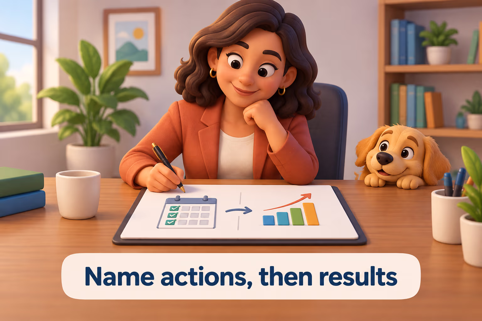A manager notes observed habits alongside a separate result chart. Label: Name actions, then results.