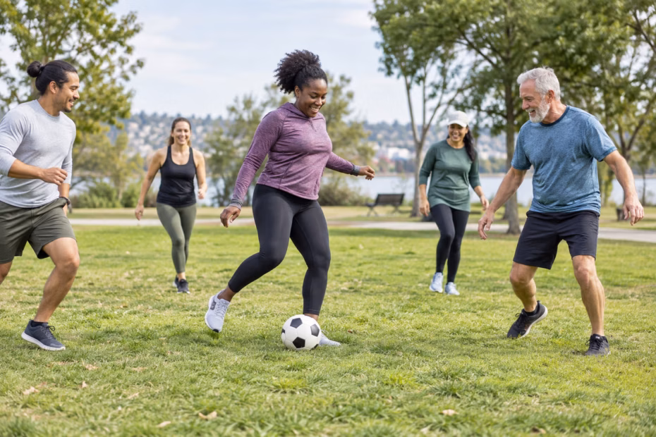 A small group plays an energetic soccer game in a park, illustrating a lively group activity.