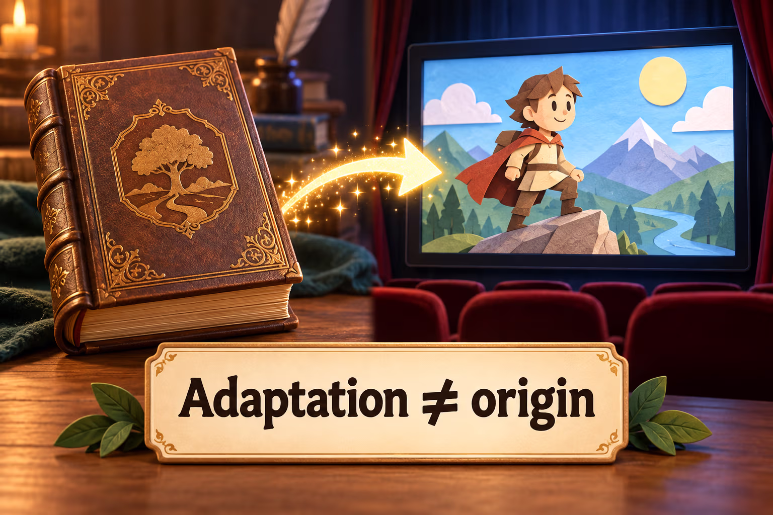 A storybook connects by a glowing arrow to a movie screen showing an original character; the sign reads Adaptation not equal to origin.