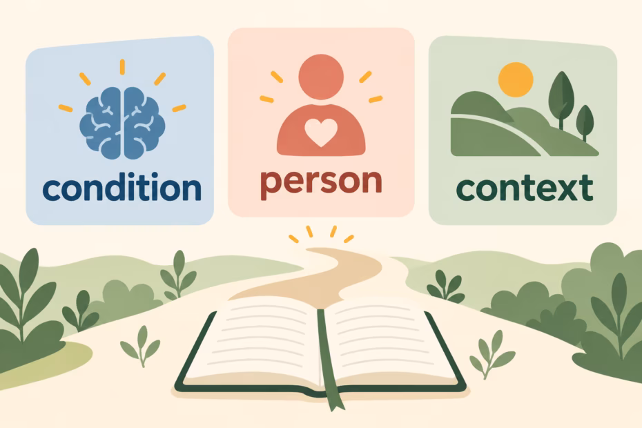 Three cards labeled condition, person, and context above an open book and a winding path