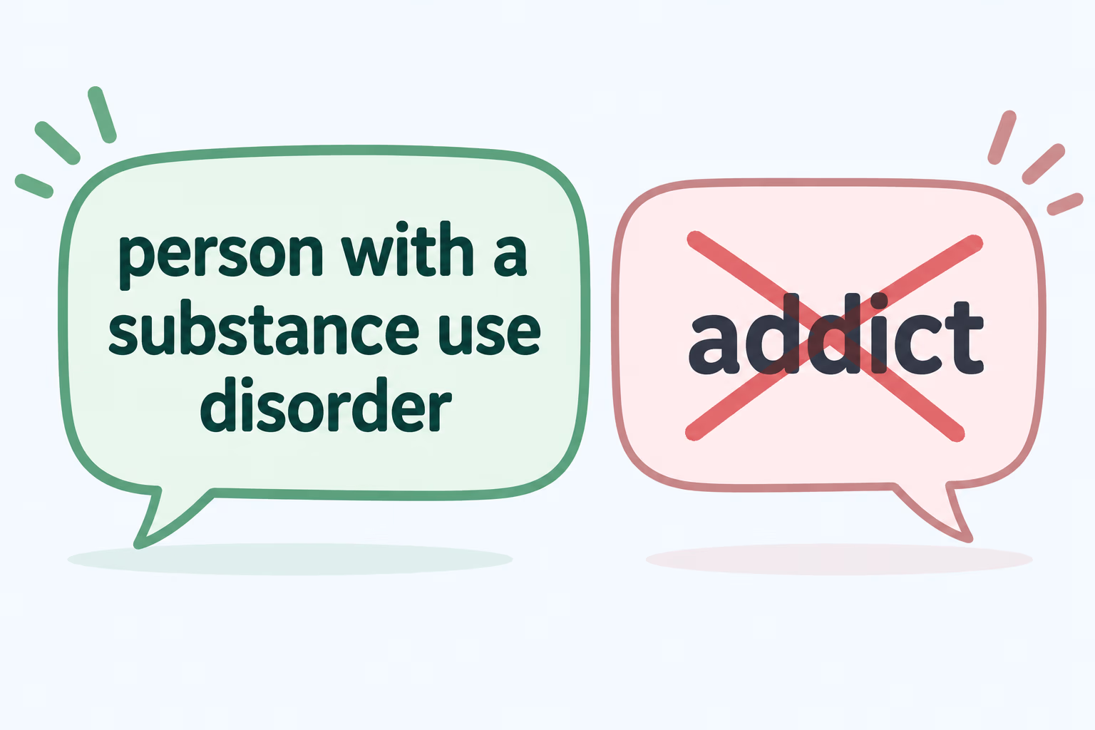 A preferred speech card reads person with a substance use disorder beside the stigmatizing term addict crossed out