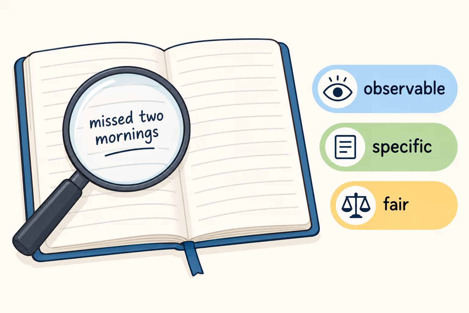 An open notebook and magnifying glass show the words observable, specific, and fair beside the note missed two mornings