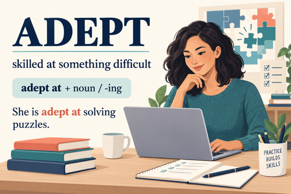 Adept means skilled at something difficult. The guide shows the pattern adept at plus a noun or an -ing verb and the example “She is adept at solving puzzles.”