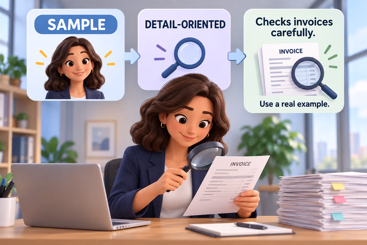 Illustrative sample: a detail-oriented professional checks an invoice carefully, with a reminder to use a real example.