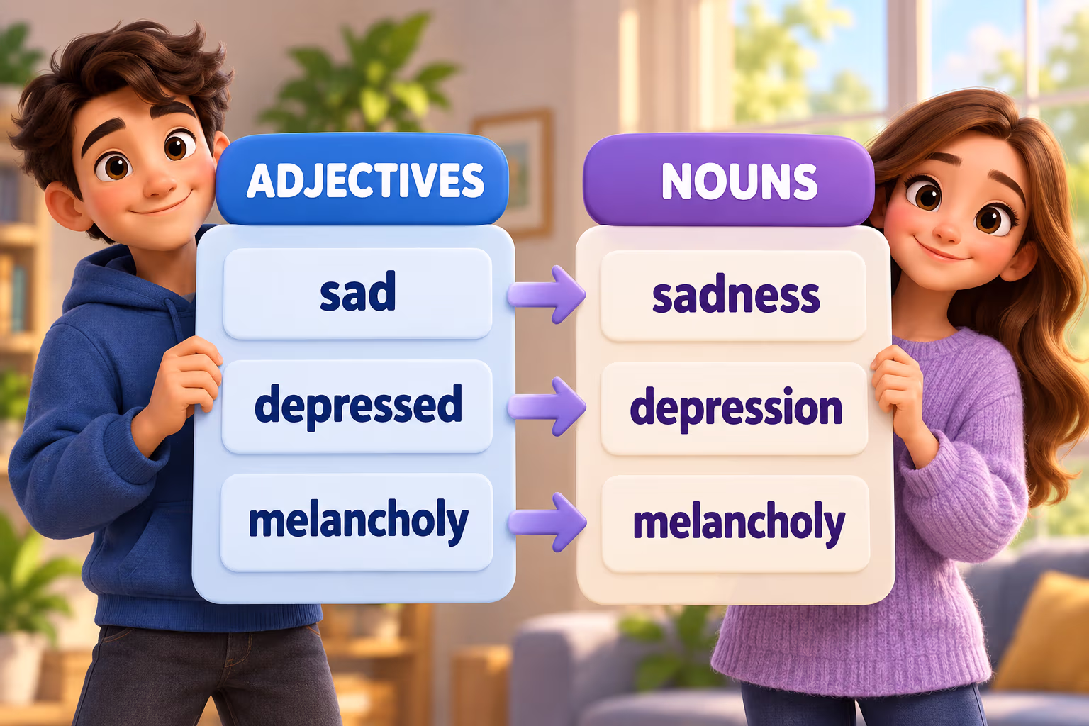Animated grammar chart contrasting sadness adjectives with the nouns sadness and depression