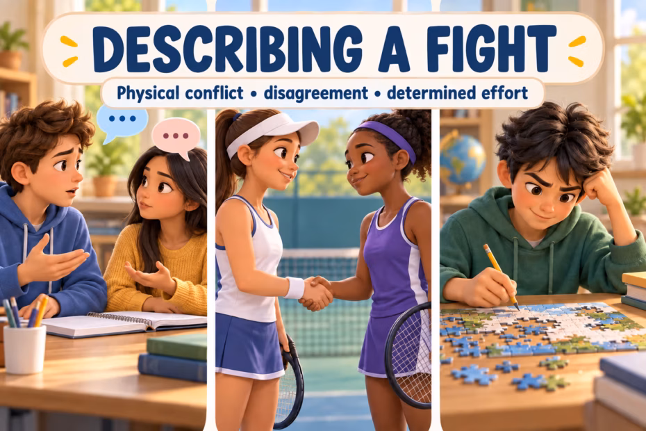 Three panels distinguish physical conflict, verbal disagreement, and determined effort. Text: Physical conflict, disagreement, determined effort.