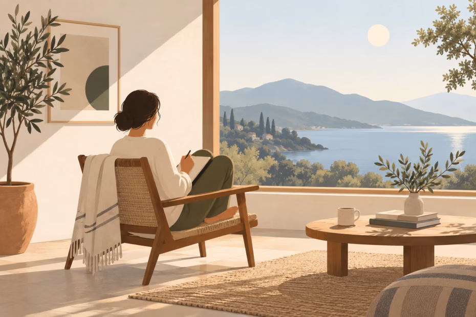 A person sits quietly with a notebook beside a bright window, suggesting space for reflection and support.