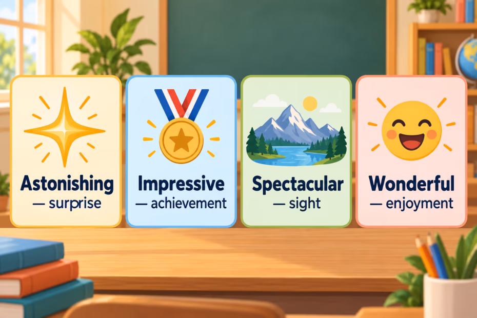 Four illustrated word cards read astonishing for surprise, impressive for achievement, spectacular for a sight, and wonderful for an enjoyable experience.