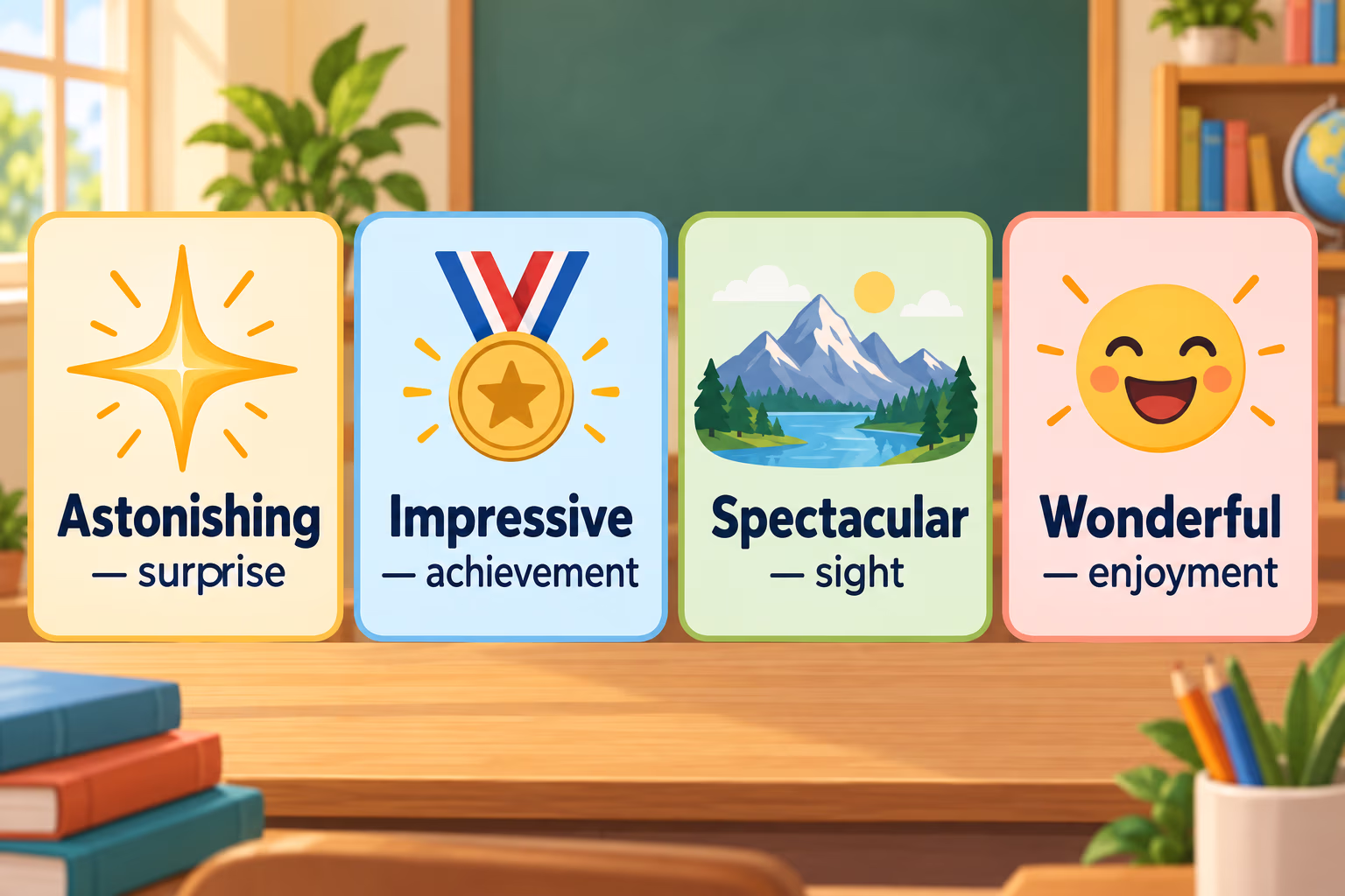 Four illustrated word cards read astonishing for surprise, impressive for achievement, spectacular for a sight, and wonderful for an enjoyable experience.