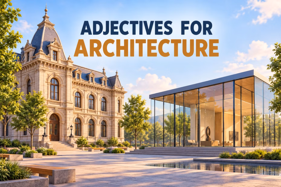 A polished 3D animated guide shows a historic stone building beside a modern glass pavilion, under the title Adjectives for Architecture.
