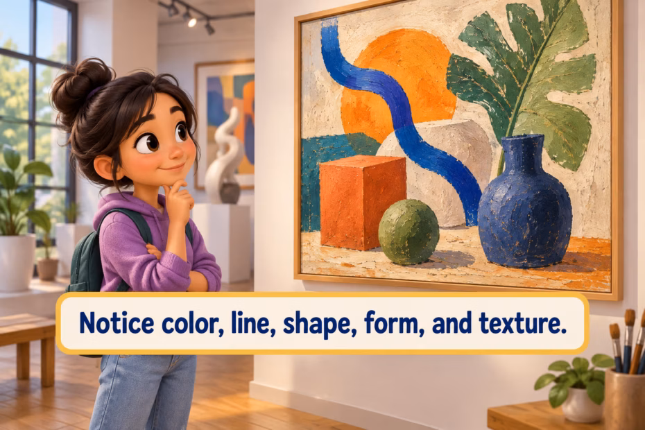 Notice color, line, shape, form, and texture. A young learner observes a colorful abstract painting in a gallery.